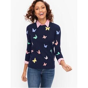 Talbots Jacquard Butterfly 3/4 Crewneck Sweater Cotton Blend Medium Petite
